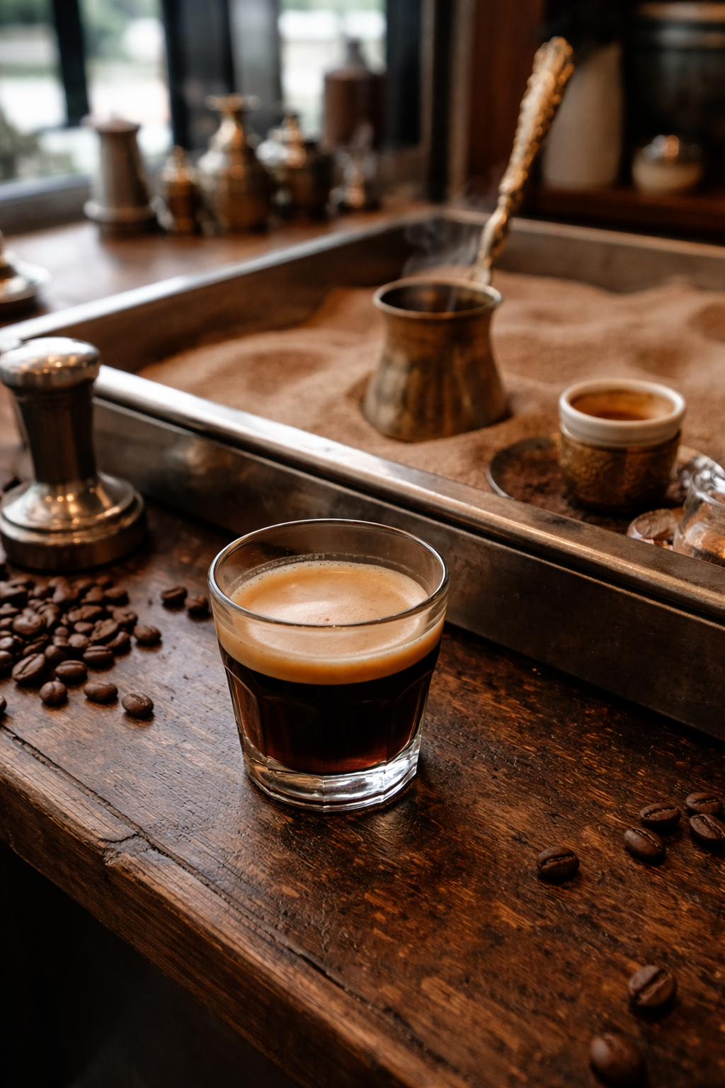 Espresso and sand-brewed Turkish coffee